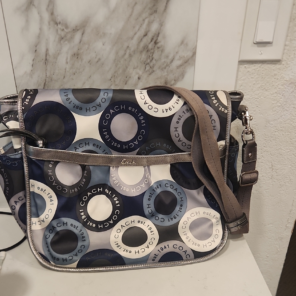 Coach Blue and Gray Signature Circle Messenger Crossbody